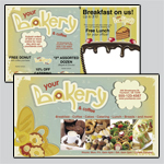 6.25 x 11 inch bakery themed EDDM template. Images of baked goods and placeholder text boxes on both pages.