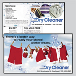 6.25 x 11 inch EDDM template. Front image is a clothesline with red clothes hanging. Back images are laundry related.