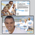 6.25 x 11 inch insurance EDDM template. Images of a man and families on both pages with text boxes.