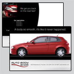 6.5 x 9 inch EDDM template with a small red sedan and black text boxes with white font with spot to insert logo.