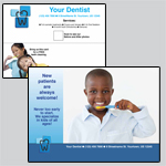 6.5 x 9 inch blue themed EDDM template with images of children brushing their teeth on both pages of the template.