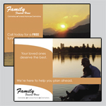 6.5 x 9 EDDM template with an elderly couple watching the sunset over a lake with orange and white backgrounds.