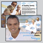 6.5 x 9 EDDM template. A woman with two children plays on the beach. A man smiles brightly. Blue and black text.