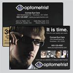 6.5 x 9 EDDM template. A man holds his glasses to his face. Other people also wear glasses. Dark background.