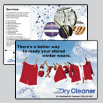 8.5 x 12 inch laundry themed EDDM template. Front image is a clothesline with clothes hanging. Back images are laundry related.